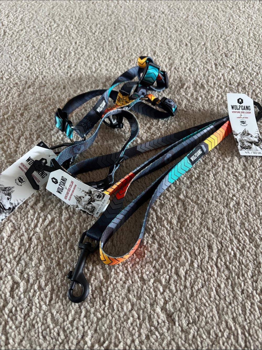 Wolfgang Chevtech Comfort Dog Harness, Leash & Collar in Teal, Orange & Yellow